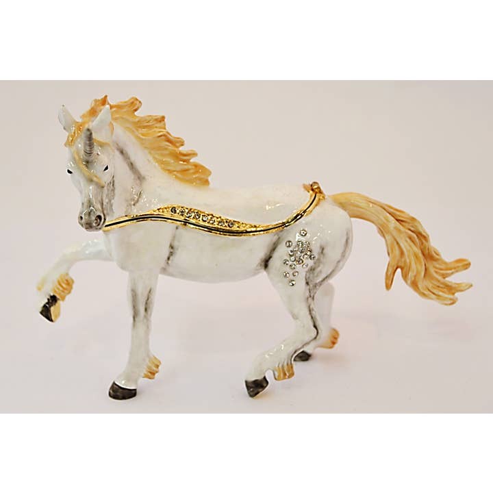 Boîte à bijoux en forme de licorne ornée de bijoux. Émail peint à la main pour la vente par Ciel Collectables