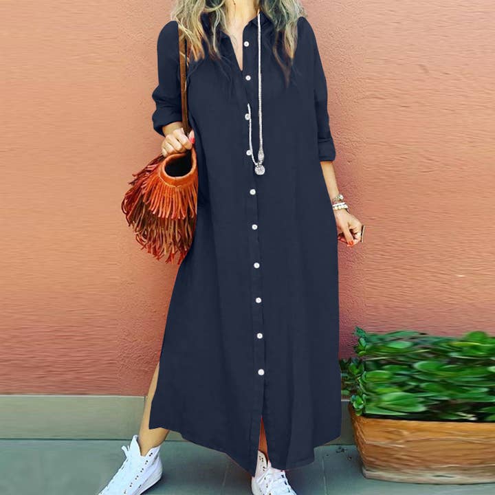 Rosa Clothing - Wholesale Dress - Women's - plain button down long sleeve v-neck shirt dress