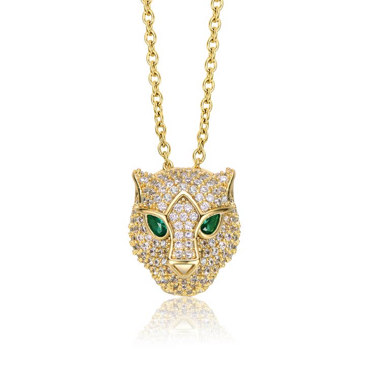 RG 14k Yellow Gold Plated with Emerald & Cubic Zirconia 3D Panther Head Pendant Layering Necklace for wholesale by Genevive