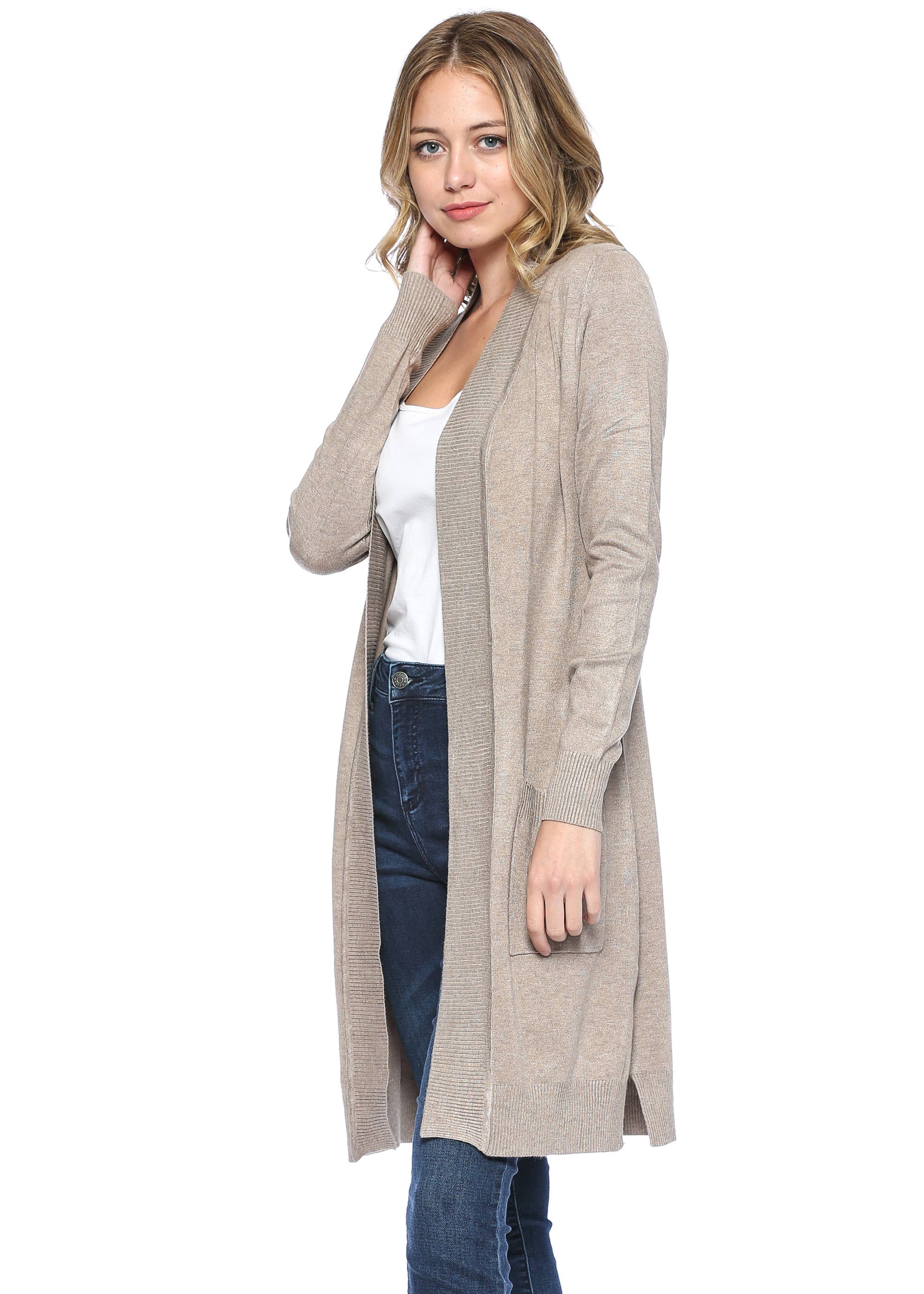Newself Collection - Vente Cardigan – femme - Cardigan long en tricot ouvert classique à manches longues12