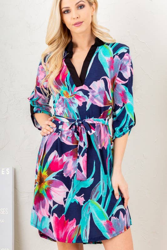 MARINBLÅ ED6111-11 MANDARIN KRAGE FLERFÄRGAD BLOMMIG KLÄNNING för wholesale på Faire9