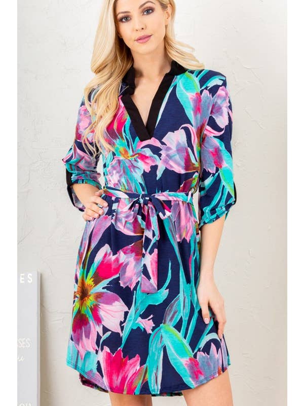 MARINBLÅ ED6111-11 MANDARIN KRAGE FLERFÄRGAD BLOMMIG KLÄNNING för wholesale på Faire9