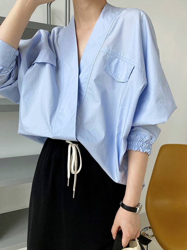 UZ Wholesale Store - Wholesale Button Down Shirt - Women's - Trendy Batwing Sleeves Solid Color V-Neck Blouses13
