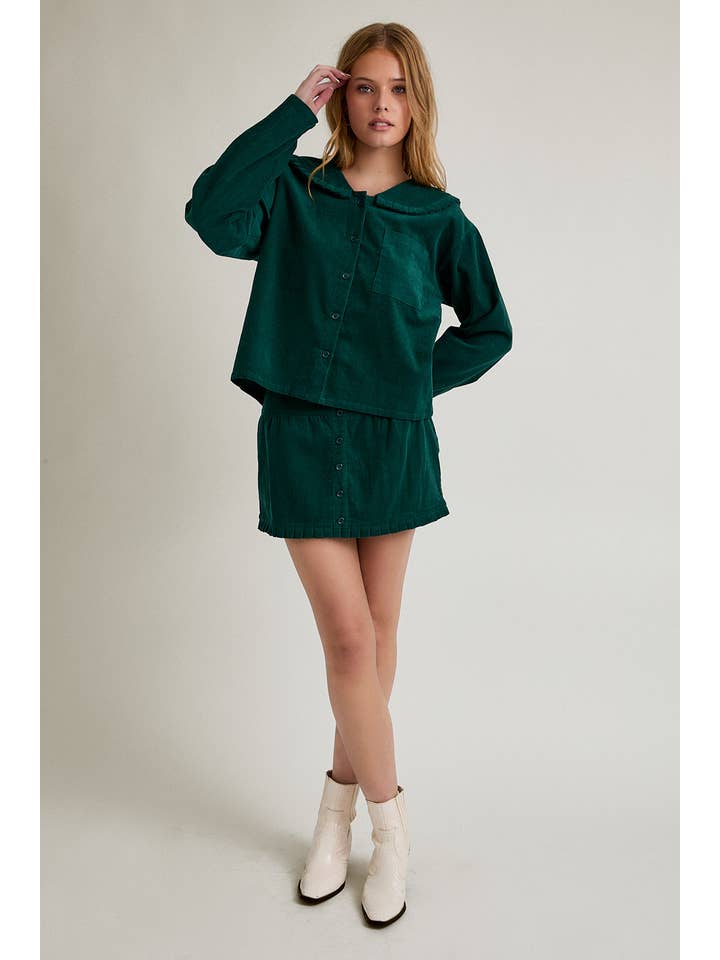TEAL CORDUROY JACKET FRILL DETAIL COLLAR & MINI SKIRT for wholesale on Faire4