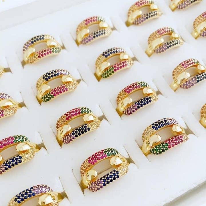 Anel de ouro, anel de ouro delicado, anel de contas de zircão arco-íris por atacado de Evileyefavor