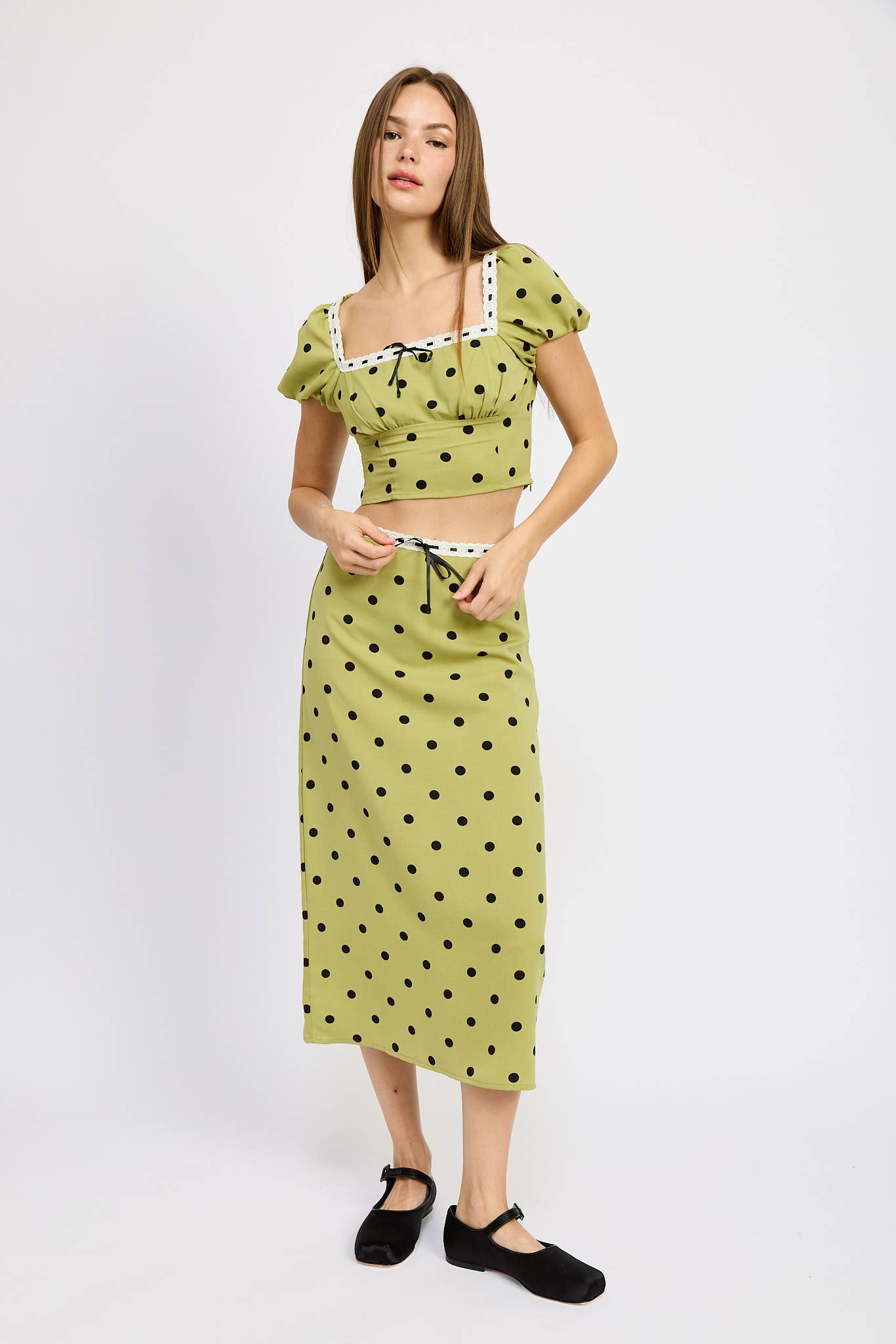 POLKA DOT MIDI SKIRT WITH LACE TRIM for wholesale on Faire2
