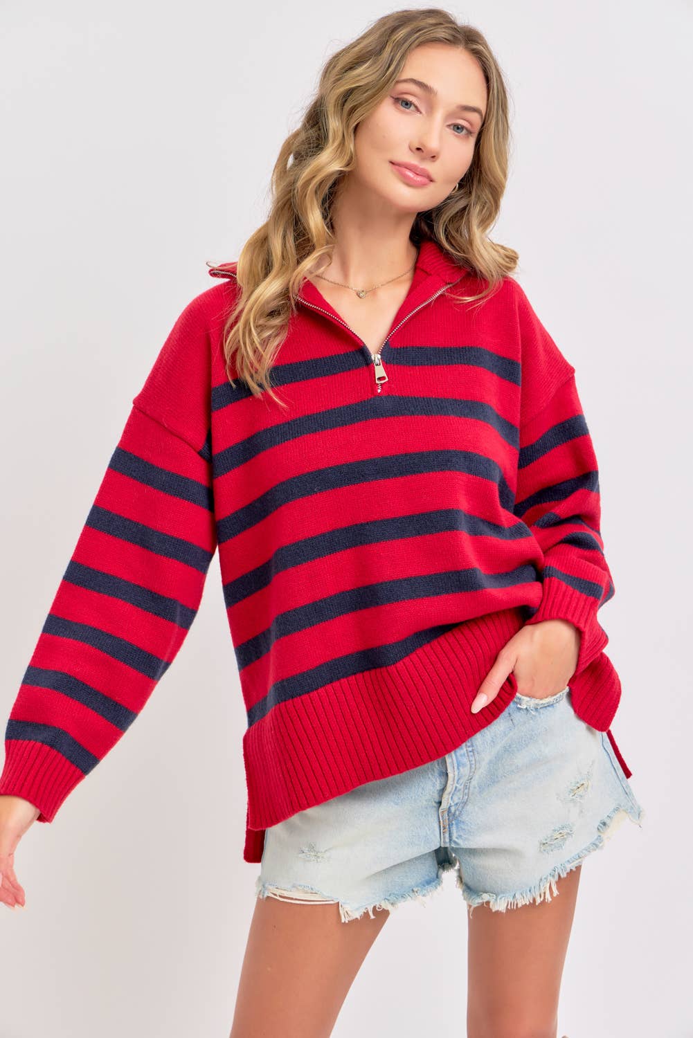 Sweet Lovely by Jen - Wholesale Knit Sweater - Women's - STRIPED ZIP-FRONT OVERSIZED PULLOVER KNIT SWEATER  41