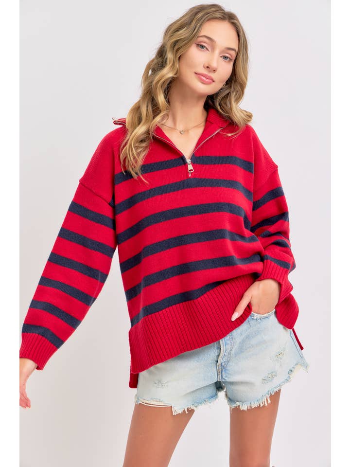 Sweet Lovely by Jen - Wholesale Knit Sweater - Women's - STRIPED ZIP-FRONT OVERSIZED PULLOVER KNIT SWEATER 41