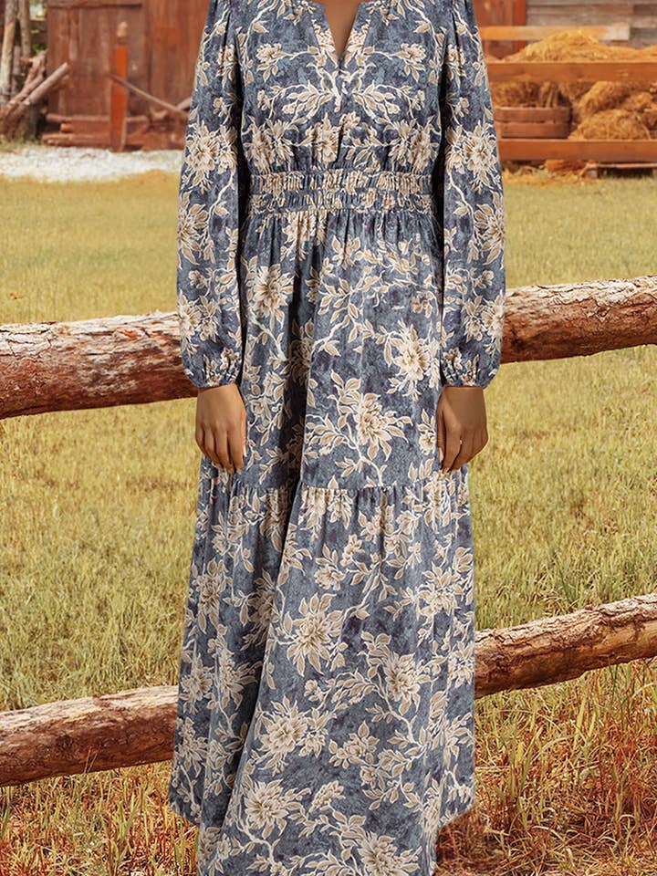 Floral Print Smocked High Waist Long Sleeve Maxi Dress for wholesale by fashionworks