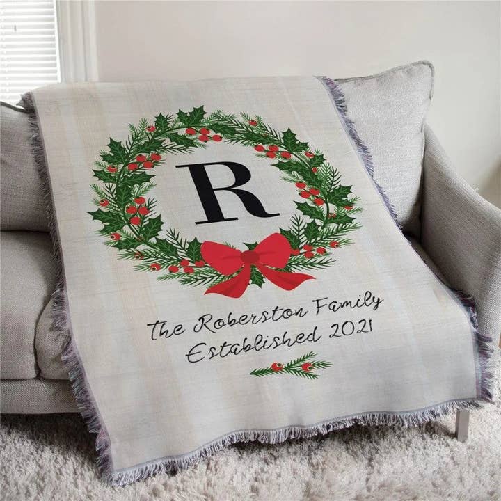 Personalized Christmas Wreath Afghan Throw for wholesale by Sunny Jar Personalized