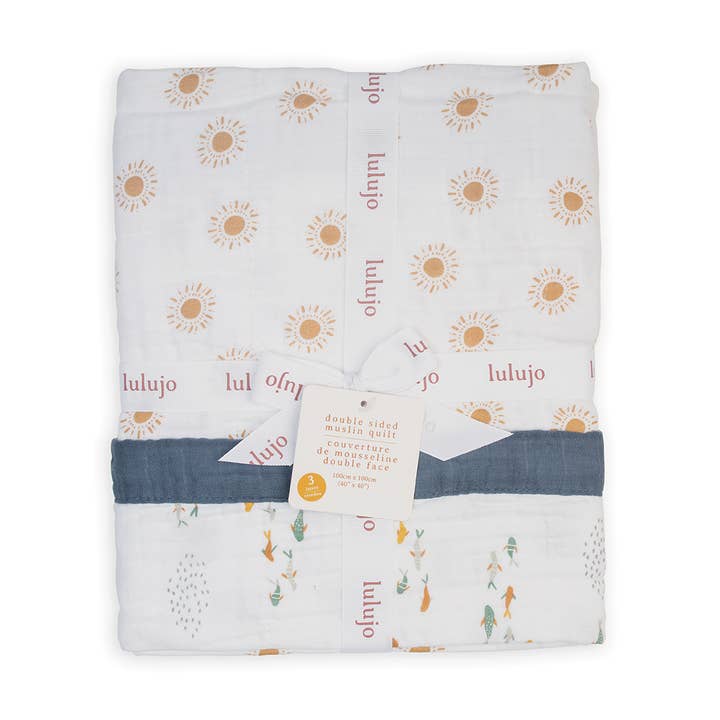 Edredón de muselina de algodón – Reversible, Peces y Sol (40" x 40") para venta al por mayor de Lulujo Baby
