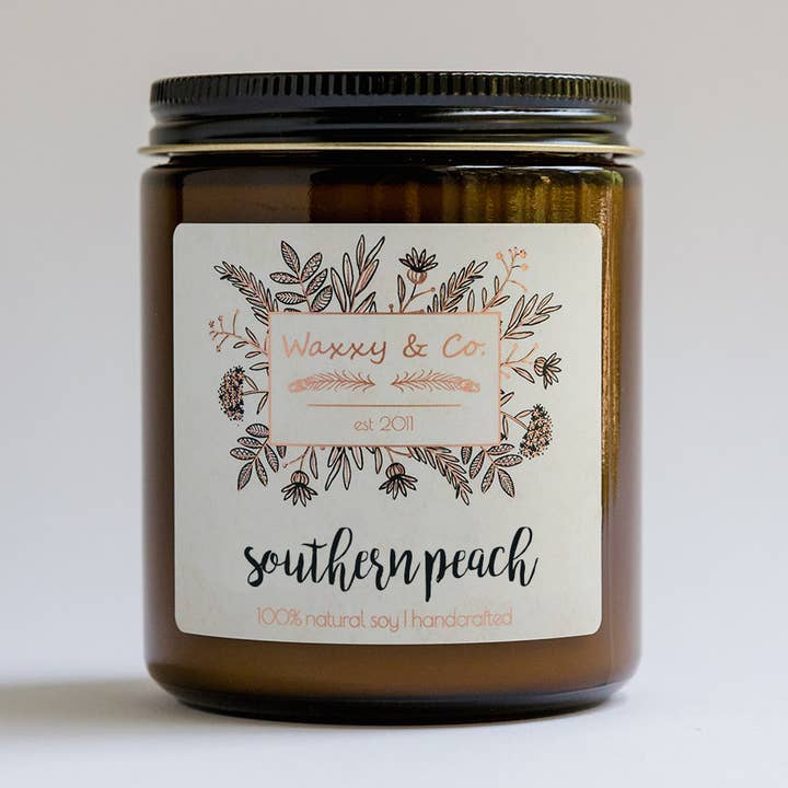 Southern Peach Soy Candle - 8oz Amber Glass Jar for wholesale by Waxxy & Co.