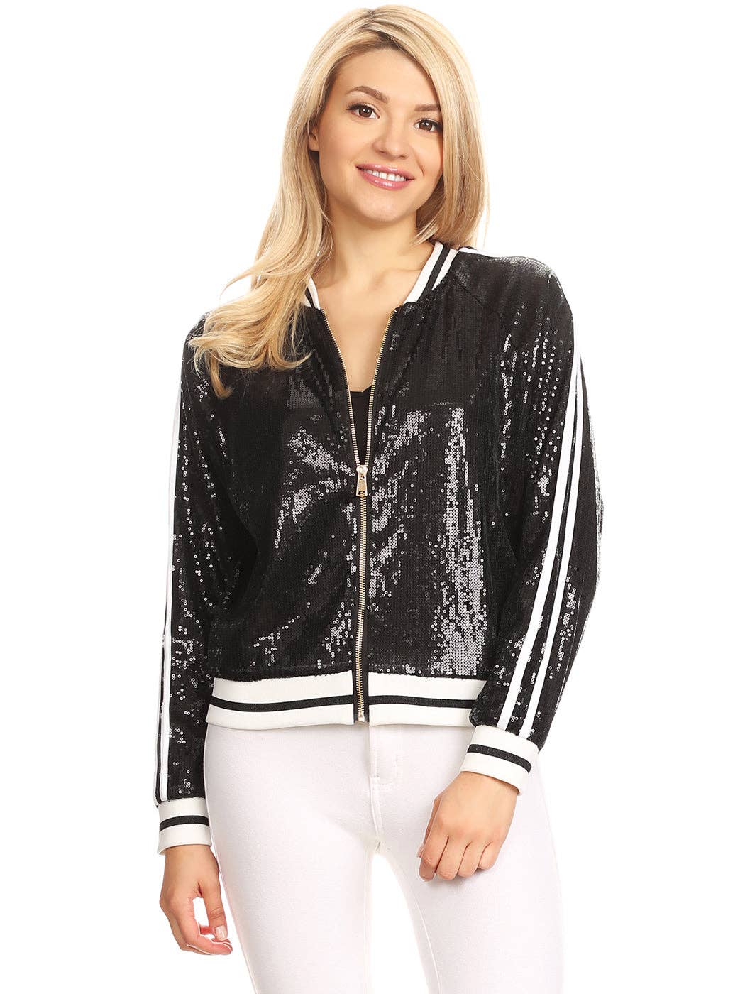 Anna Kaci Wholesale - Wholesale Varsity/Baseball Jacket - Women's - Striped Metallic Sequin Varsity Jacket97