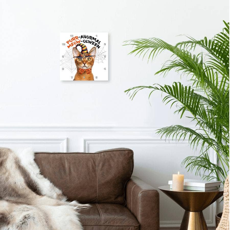 3dRose - Wholesale Wall Clock - 3dRose, Cute Abyssinian Cat in a Wizard Hat with Cobwebs for Halloween, Wall Clock1