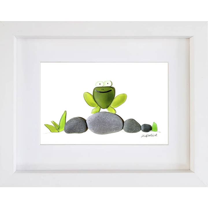 UrchinArtworks - Wholesale Art Print - Happy Frog - Sea Glass & Pebble Wall Art Picture Decor