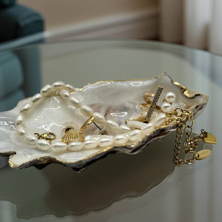 Golden Coast Oyster Shell Jewelry Tray – Gold Rim for wholesale by Shell Yeah By Jaks LLC