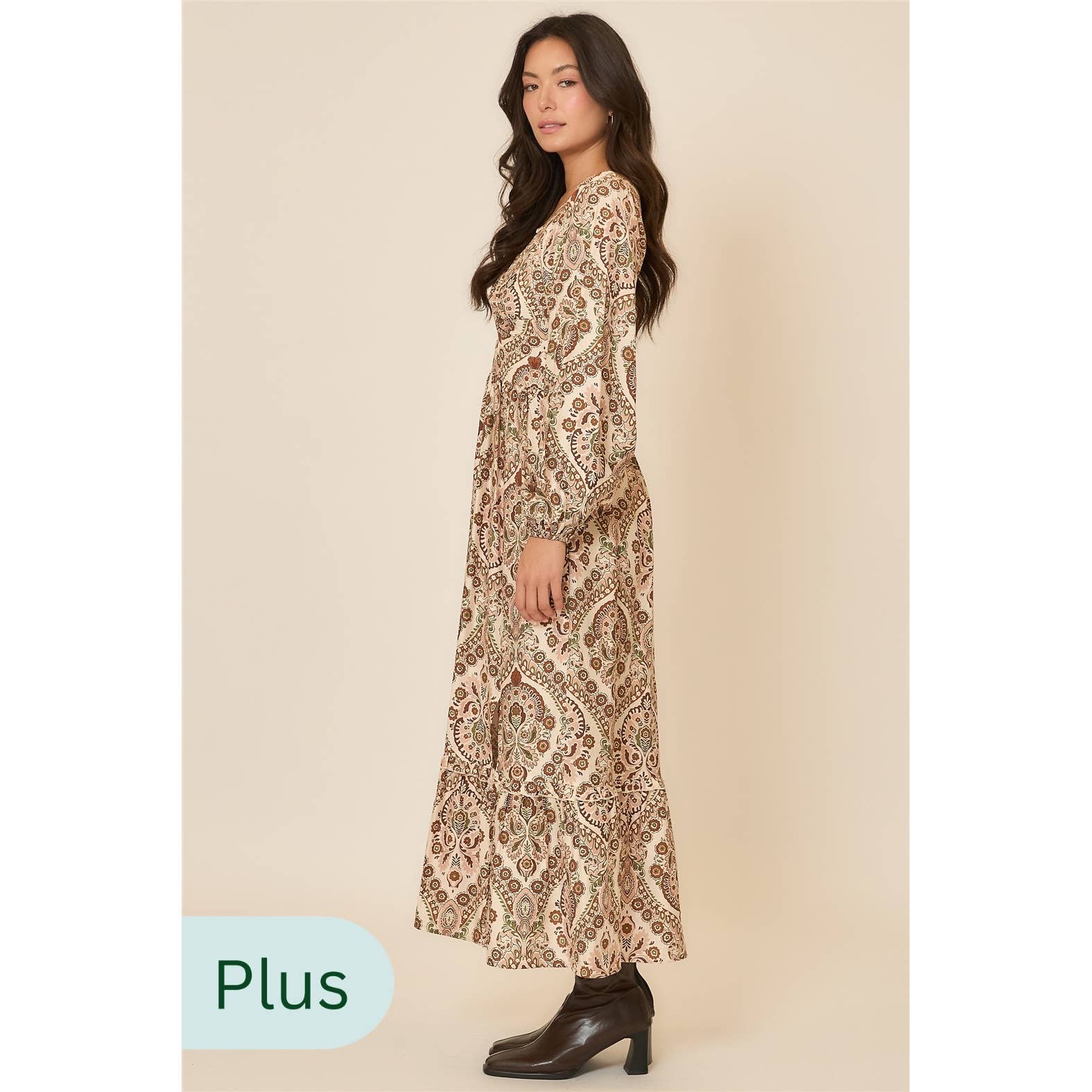 Marrone Chiaro Abito lungo a maniche lunghe con scollo a V e stampa floreale in vendita all'ingrosso su Faire3