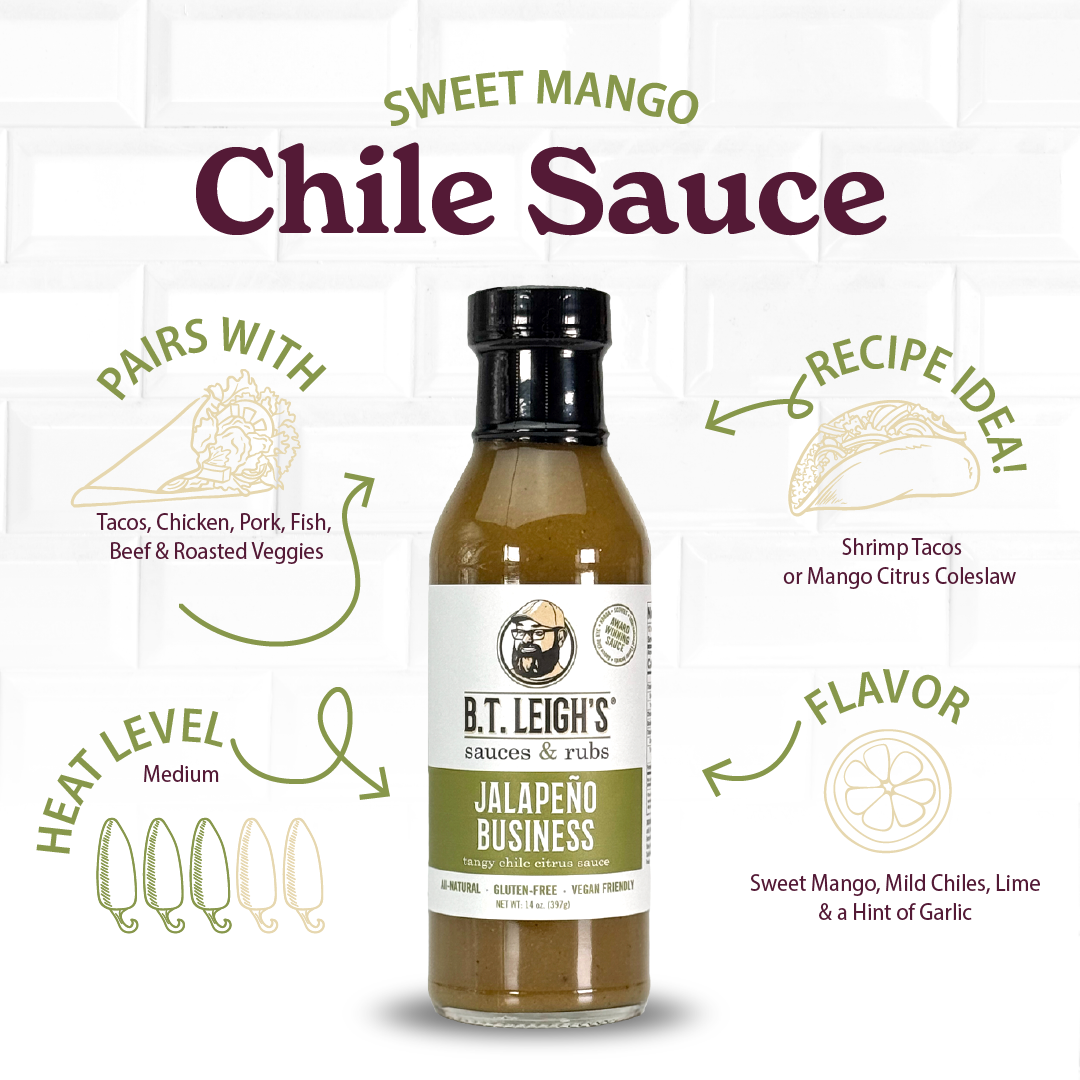 B.T. Leigh's Sauces & Rubs - Wholesale Hot Sauce - Jalapeño Business - Mango Chile Citrus Sauce - 14 oz Bottle1