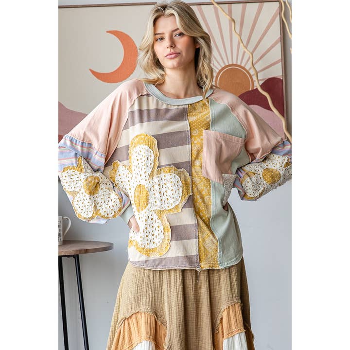 PINK COMBO DAISY PATCHWORK OVERSIZE LONG SLEEVE PULLOVER TOP for wholesale on Faire