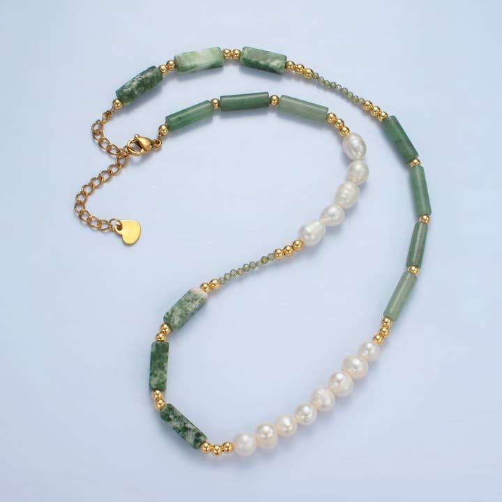 Aim Eternal - Wholesale Beaded/Pearl Necklace - Handmade Green Jade Bead Chain Necklace with Freshwater Pearl 15.55 Inch with Extender | WA25840