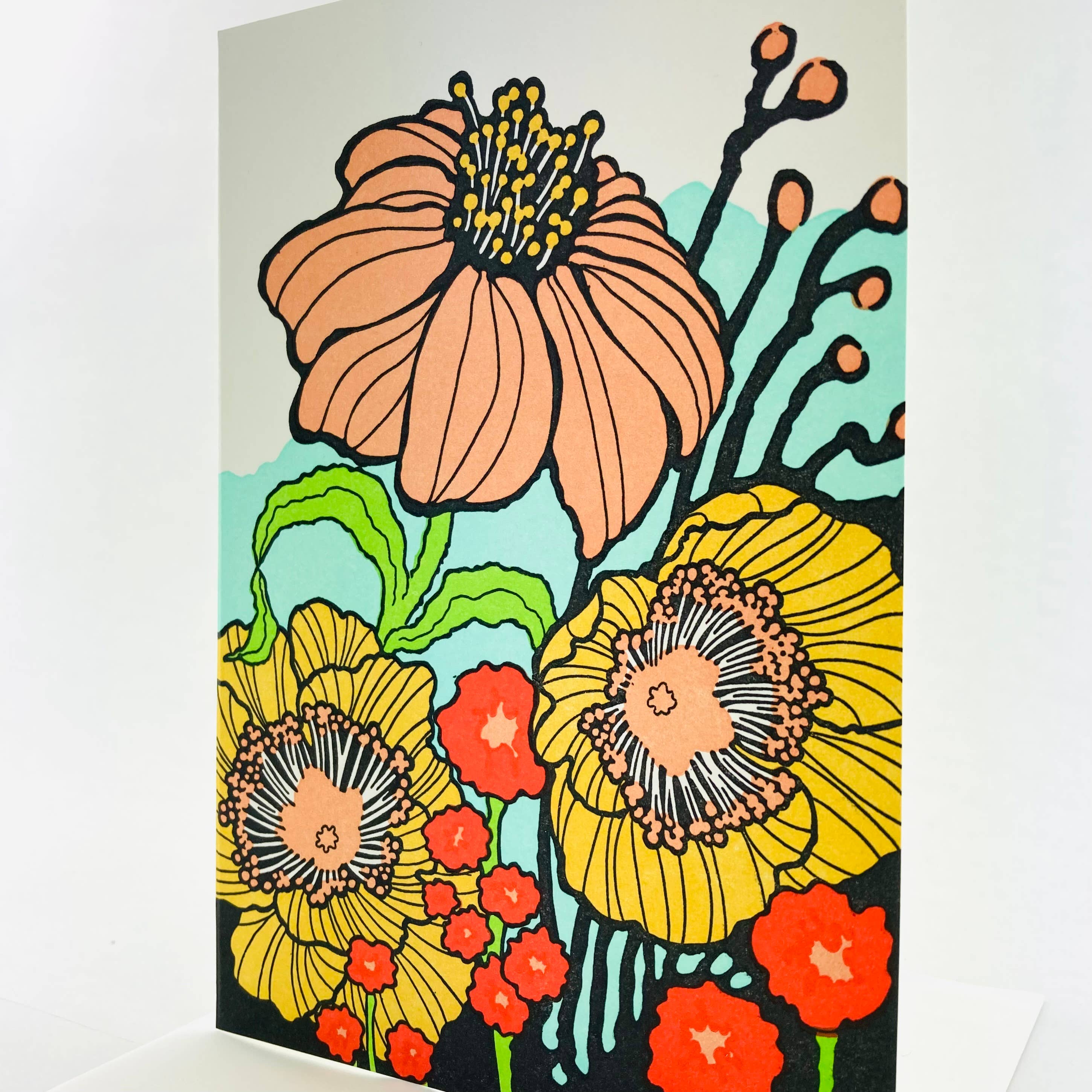 Old School Stationers - Vente Carte de vœux classique - Coquelicots et frondes fleurs heureuses1