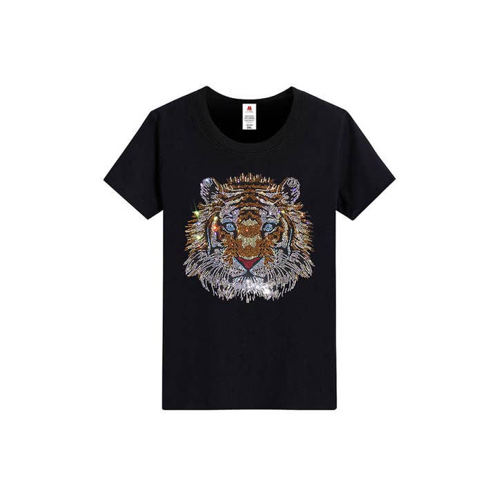 Rhinestone Belt Store - Wholesale T-shirt (graphic) – men's - Men's Rhinestone Tiger Print Streetwear Short Sleeve Bling Sparkling Diamond T-Shirt1
