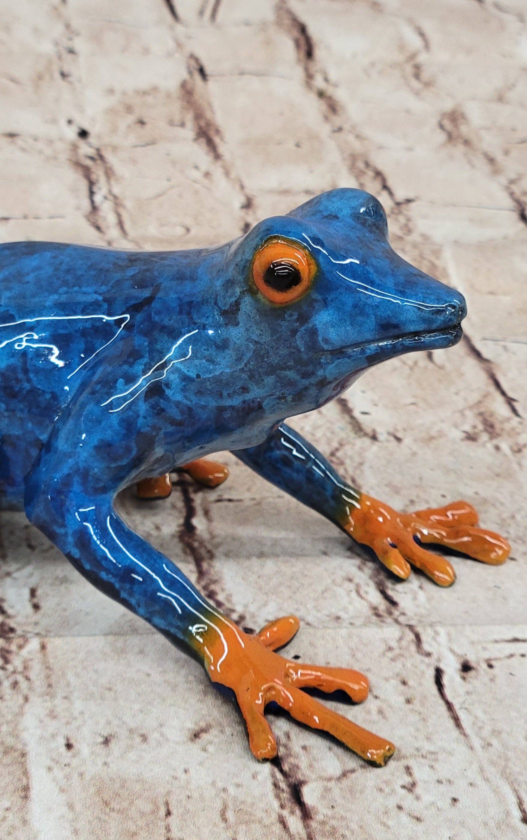Bronzhaus - Wholesale Sculpture - Bronze Metal Blue & Orange Poison Dart Tree Frog Sculpture Figurine Handmade Original Art8
