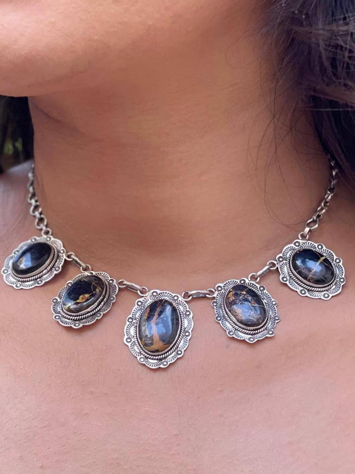 Handmade Sterling Silver Black Jack Choker Necklace with Signed Nizhoni for wholesale by Nizhonitradersllc