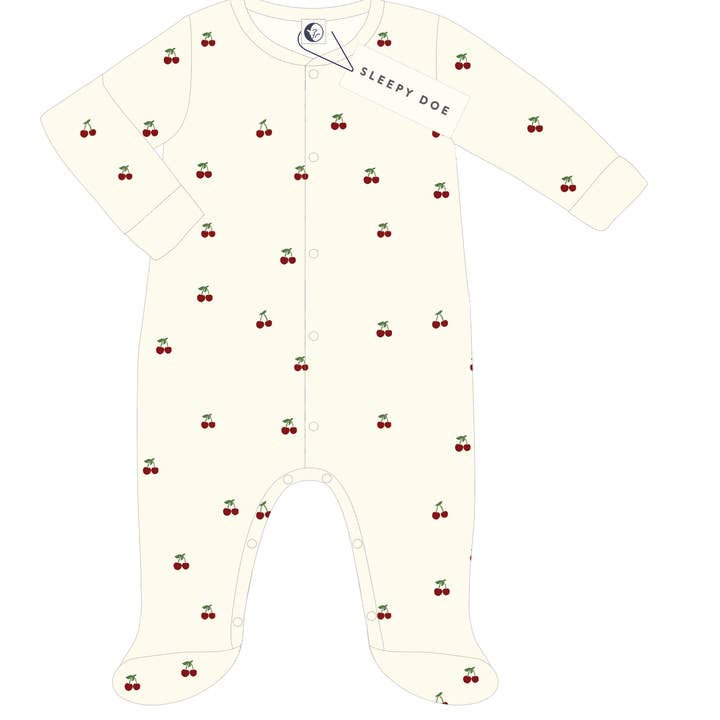 BABY SLEEPSUIT | CHERRIES ON OATMEAL for wholesale by Sleepy Doe