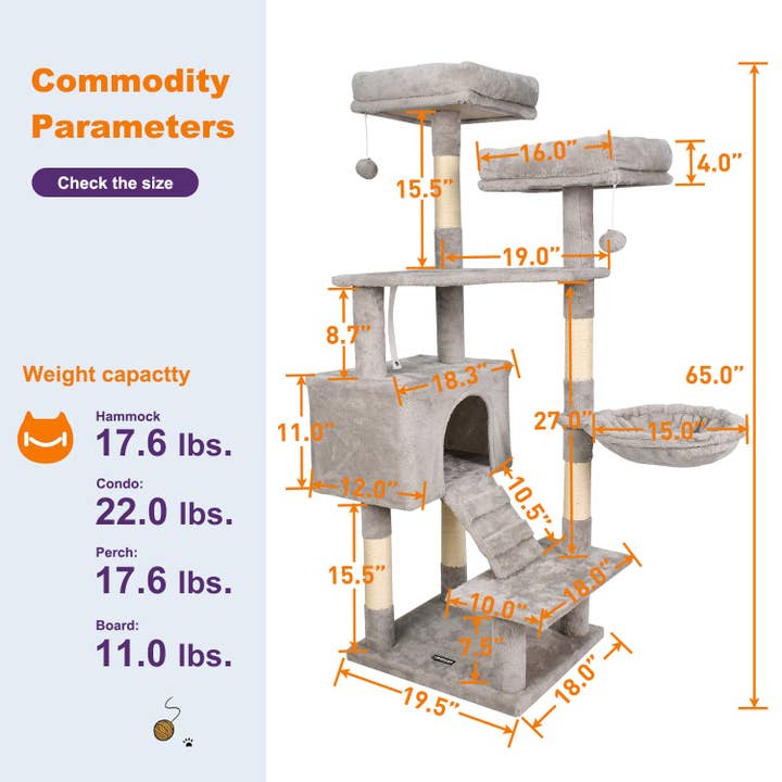 Jespet - Wholesale Pet Scratcher - Cat - GOOPAWS Multi-Level 57-in Faux Fur Cat Tree & Condo with Hammock, Grey5