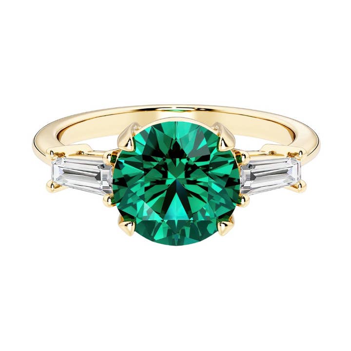 Anel de 3 Pedras com Esmeralda de 2 Ct e Diamante Baguete em Ouro 14K por atacado de DV Custom Jewelry USA
