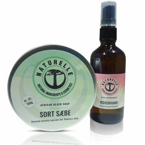 3 ST. SVARTA TVÅLAR FÖR ANSIKTSVÅRD + ROSENVATTEN för wholesale av Naturelle ApS