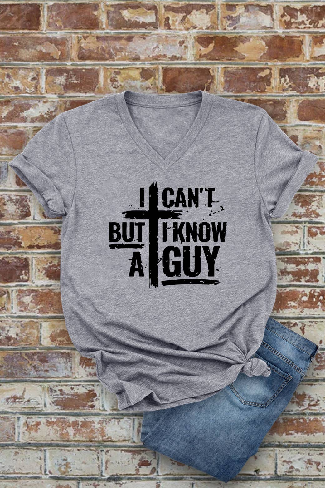 Top Avenue - Wholesale Screen Printed T-Shirt - Women's - I Cant But I Know A Guy Distressed Cross, Unisex V-Neck T-Shirt6