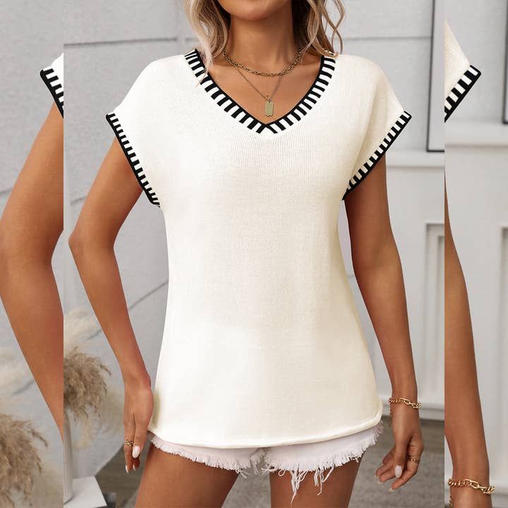 UNISHE - Wholesale Knit Sweater - Women's - Pullover Short Sleeve V-Neck Striped Knit Sweater MD178
