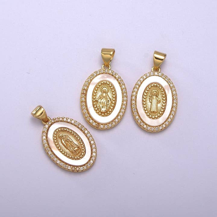 14K Gold Filled Delicate Virgin Mary, Miraculous Lady, Saint Benedict Cubic Zirconia Charm Pearl Pendant for Religious Necklace Bracelet Supply N-1385 N-1386 N-1387 for wholesale by Aim Eternal