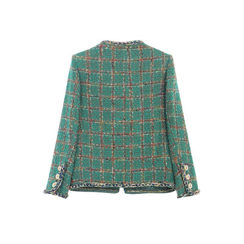 Vert Veste en tweed de laine d'automne 69Y 2025 avec tissage à carreaux exquis en vente sur Faire1