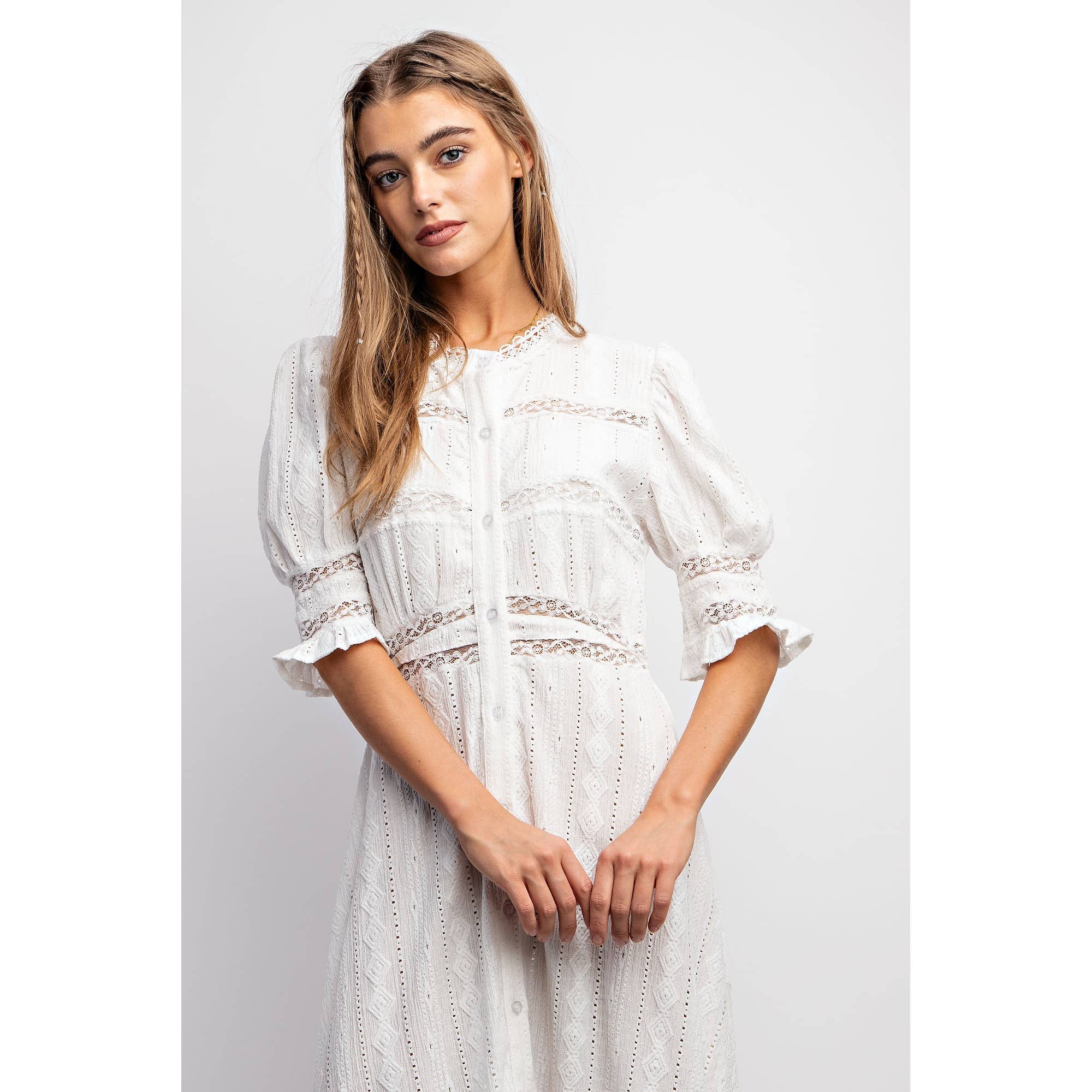 Sweet Generis - Wholesale Dress - Women's - CHIC WOVEN MAXI BUTTON DOWN SHIRT DRESS WITH TRIM LACE DETAI12