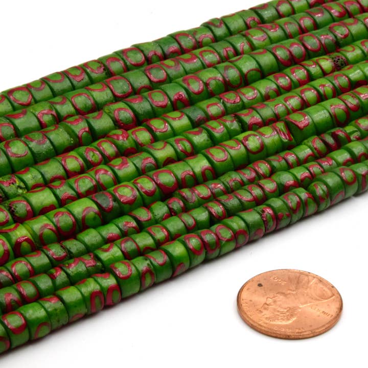 Only Beads - Wholesale Beads - Batik Heishi Bone Beads | Painted Green with Red Design