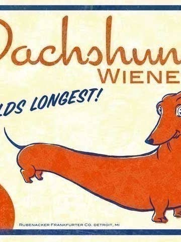 Dachshund, Vintage Hot Dog Label, Dog Art Print for wholesale by Brian Rubenacker studios