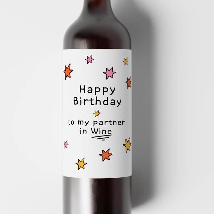 Tillykke med fødselsdagen til min partner i vin etikette for engroshandel hos PulpKo