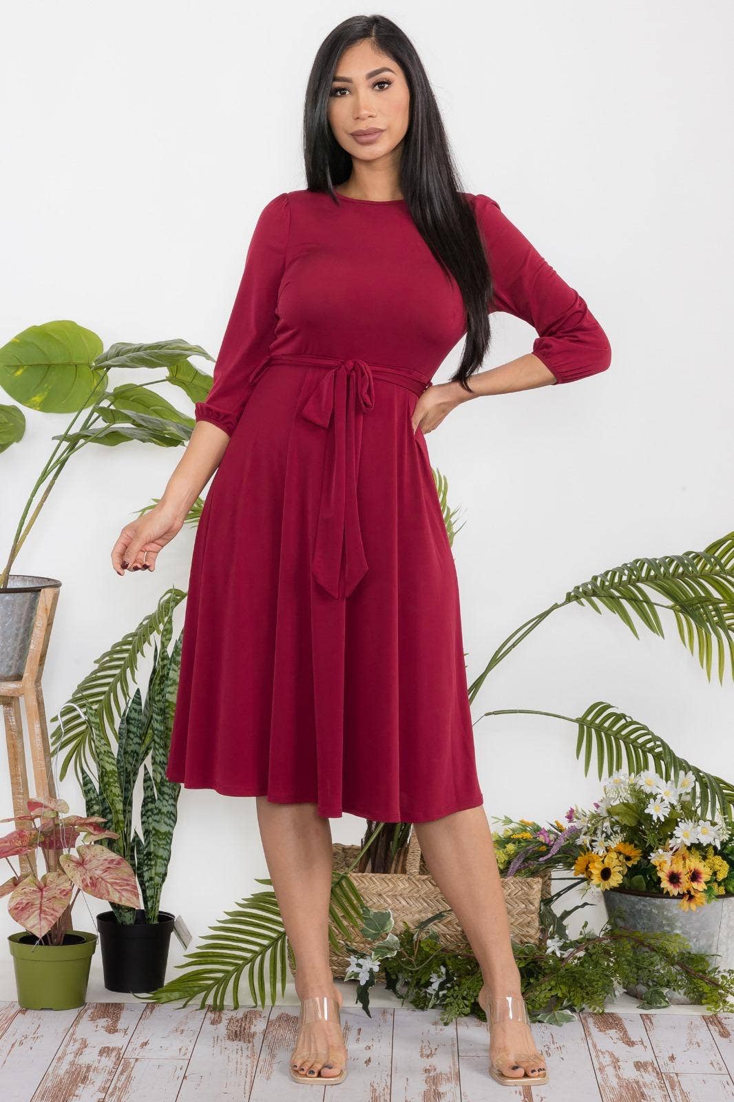 H&H Fashion Inc. – Großhandel Kleid – Damen – HH583X-S Plus Size Midi-Kleid mit Bindegürtel, Puffärmeln & Schlüsselloch-Ausschnitt11
