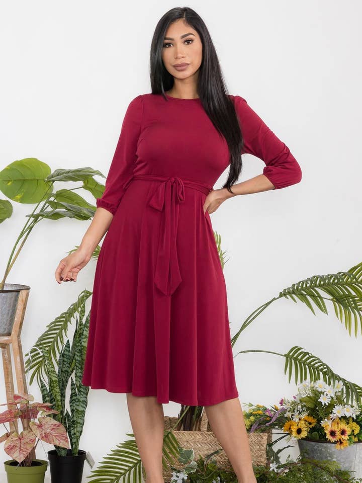 HH583X-S Plus Size Midi Tie-Up Dress Puff Sleeves & Keyhole for wholesale by H&H Fashion Inc.
