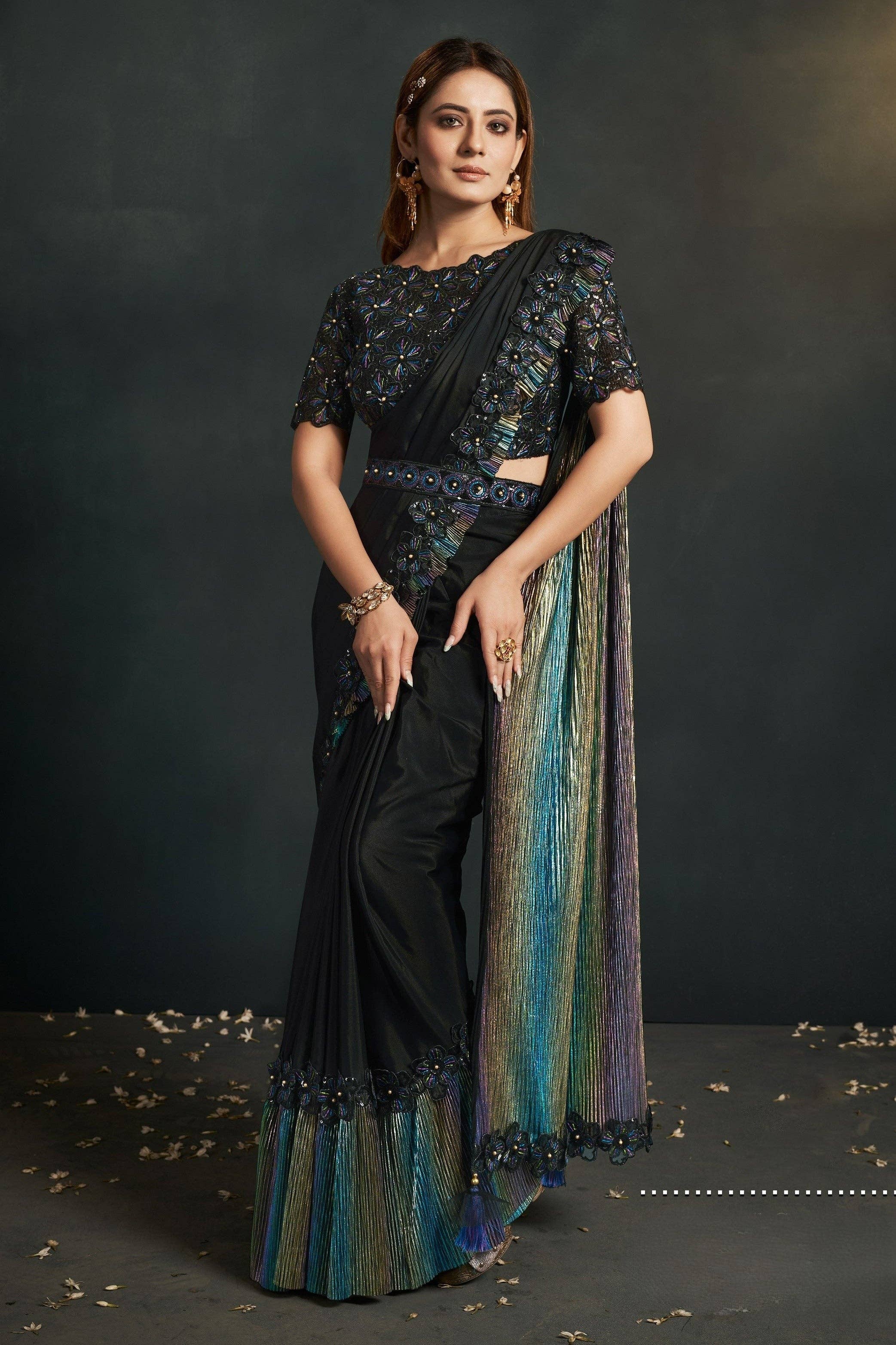 HATKE BRIDE - Vente Chemisier – femme - Saree de fête en soie Georgette crêpe noire avec blouse cousue pour mariage indien et pakistanais - Travail de broderie à sequins, travail de broderie au fil, travail de pierres.0