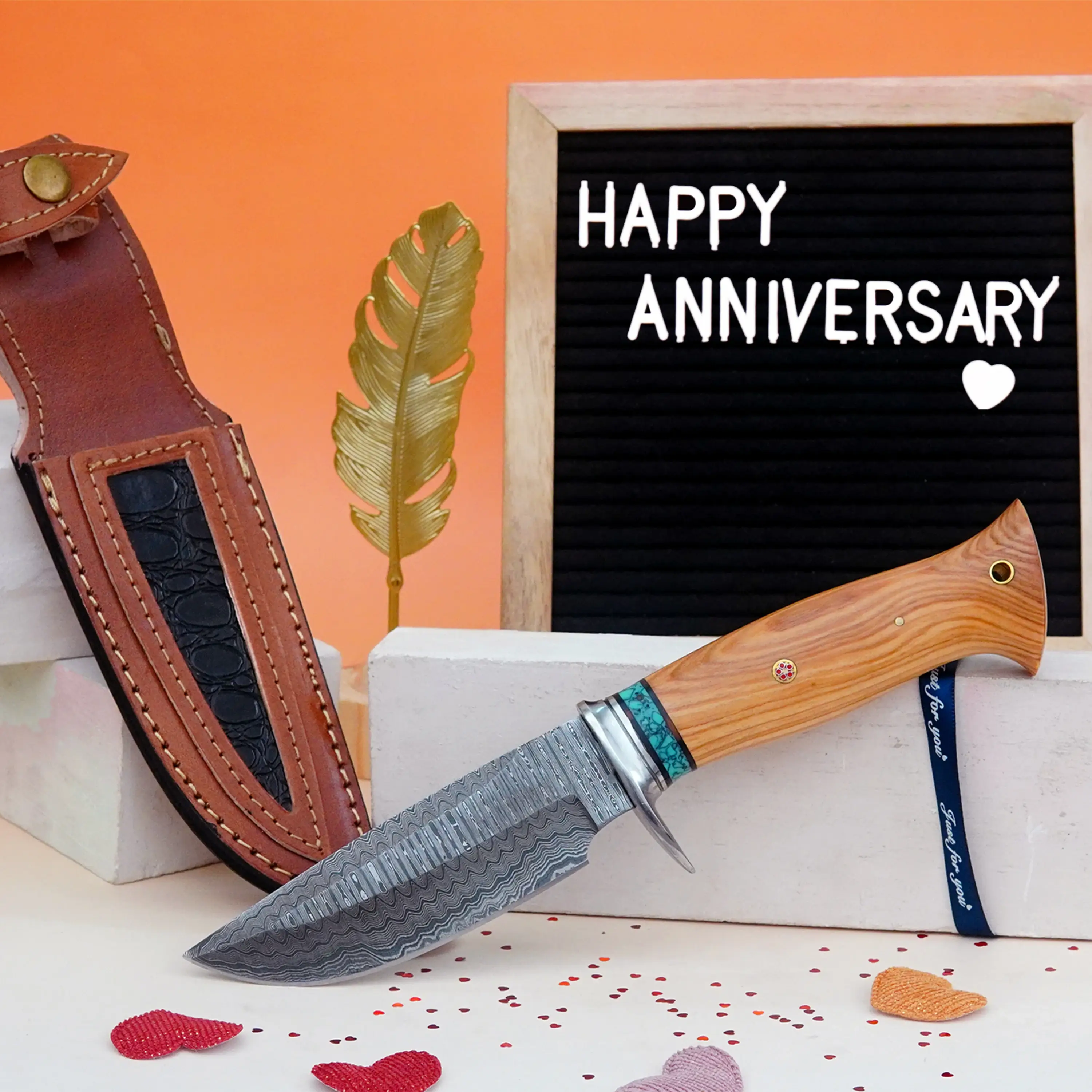 FH KNIVES - Wholesale Pocket Knife/Holder - 10' Handmade damascus steel knife with leather sheath  5