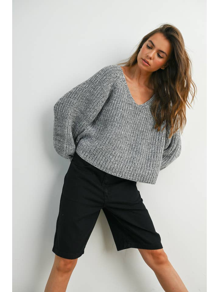 BUTTERMELON - Wholesale Knit Sweater - Women's - Tie-Back V-Neck Drop Shoulder Long Sleeve Top - BMW781024