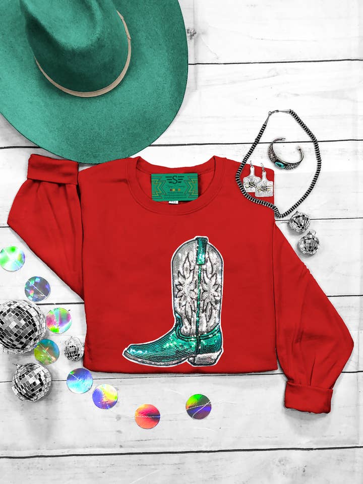 Top con parche de botas de lentejuelas para venta al por mayor de Flying S Company