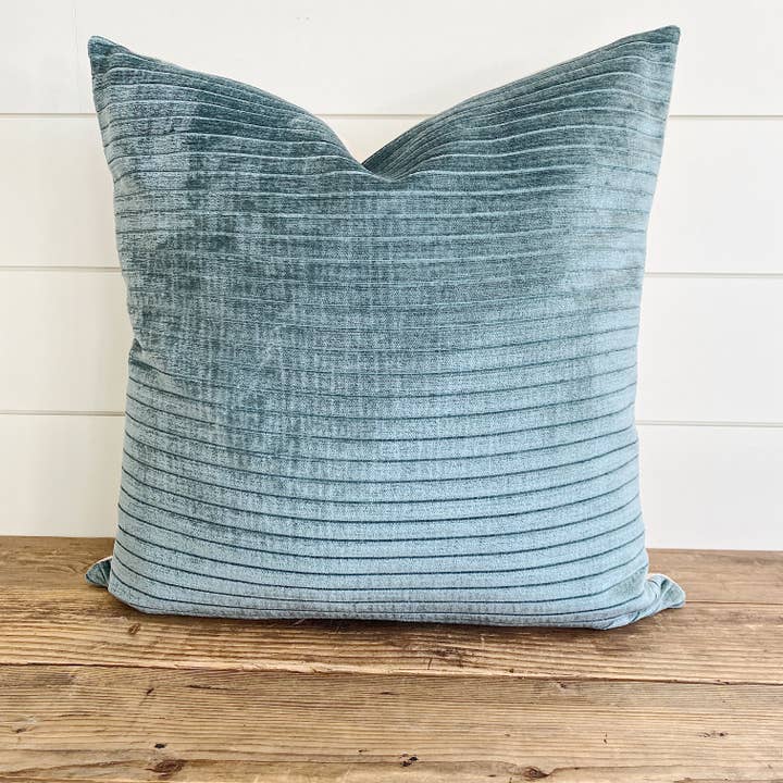 Linen & Ivory - Wholesale Throw Pillow Cover - SLOANE || Teal Velvet Striped Pillow Cover3