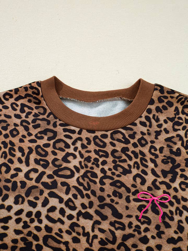Coffee Leopard Print Contrast Trim Long Sleeve Top and Pants Set for wholesale on Faire3