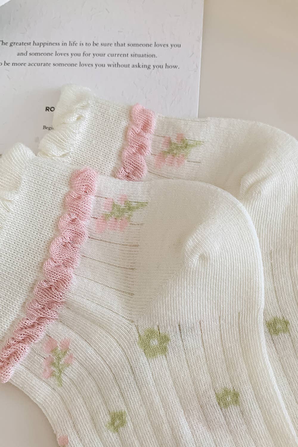 Blank Short socks with pink flowers and ruffled edge 🌸🤍 for wholesale on Faire3