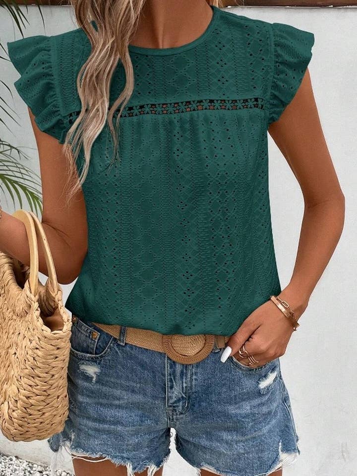 NINEXIS - Wholesale Blouse - Women's - CWTBLS0605_ ROUND NECK LACE RUFFLE SHORT SLEEVE BLOUSE TOP2